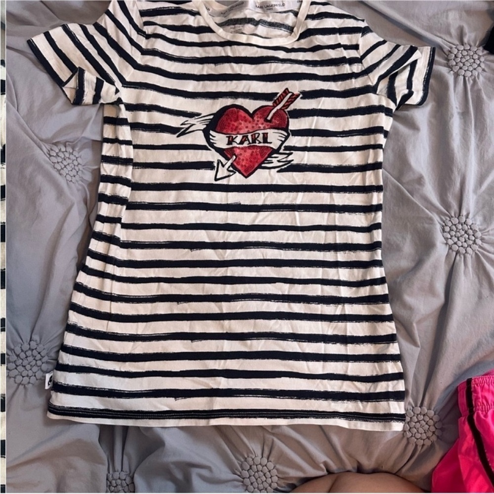 Karl Lagerfeld Black and White Striped Tee with Red Heart